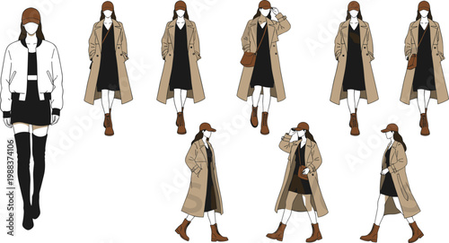 Flat vector illustration set of a fashionable woman in stylish autumn winter outfits wearing long beige coats black dresses brown caps and boots