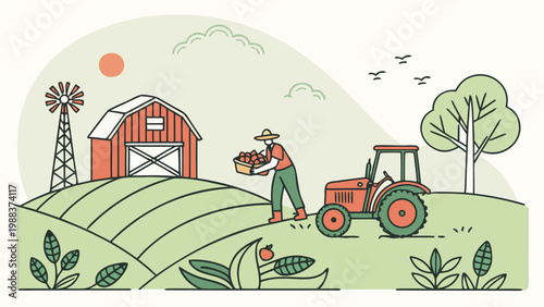 Farmer harvesting fresh vegetables at organic farm with tractor and barn