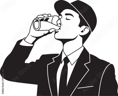 Man in suit drinking from bottle black