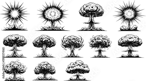 Hand drawn vector line art collection of various mushroom cloud explosions and nuclear blast silhouettes isolated on white background for war disaster and destructive power designs.