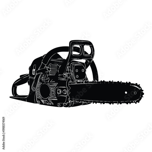 Gasoline chainsaw bundle wood cutting gear silhouette vector drawing.