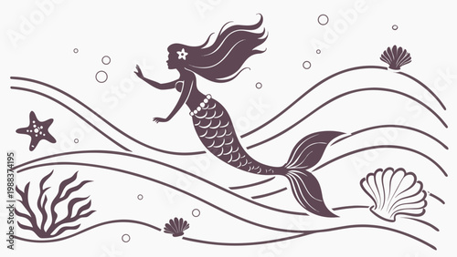 Whimsical mermaid swimming among sea life illustration with underwater, starfish