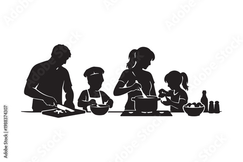 A family cooks together in the kitchen silhouetted figures with dynamic poses on transparent background