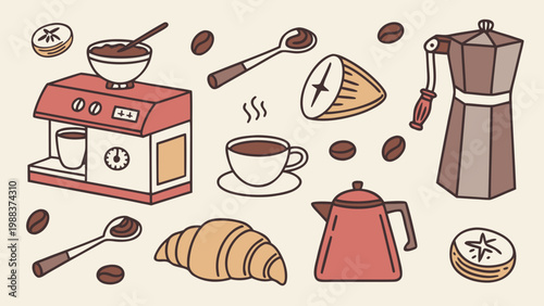 Coffee time set with brewing equipment cup and croissant vector icons, breakfast