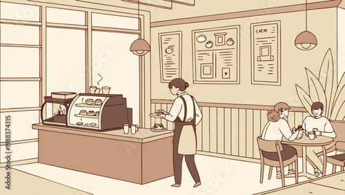 Cozy coffee shop interior scene with customers and barista serving pastries