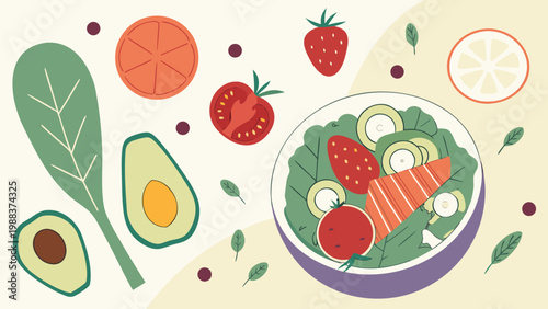 Healthy salad bowl ingredients featuring fresh avocado tomato and strawberry
