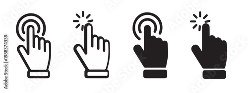 Modern touch gesture icon set showing finger tap, click, and screen interaction in outline and solid styles. Perfect for mobile apps, UI UX design, touchscreen interfaces, tutorials, and digital inter
