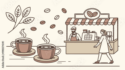 Line art illustration of coffee shop with customer and barista, illustration