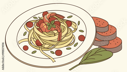 Hand drawn illustration of italian shrimp pasta dish with bread side, delicious