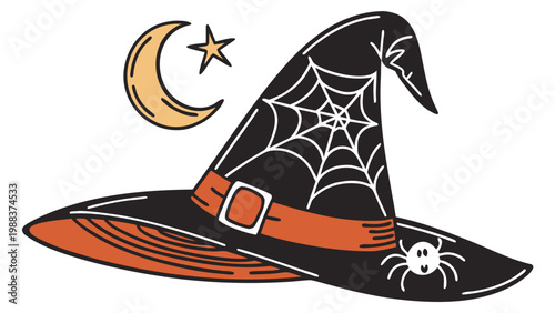 Witch hat with spider web and crescent moon halloween vector illustration