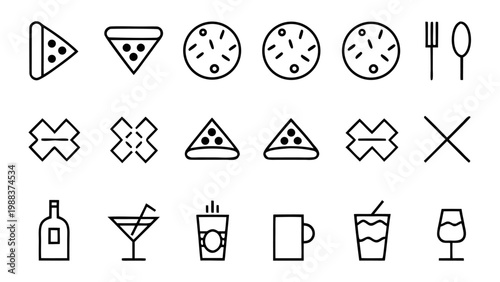 Eighteen white food icons with a martini glass on a black background.