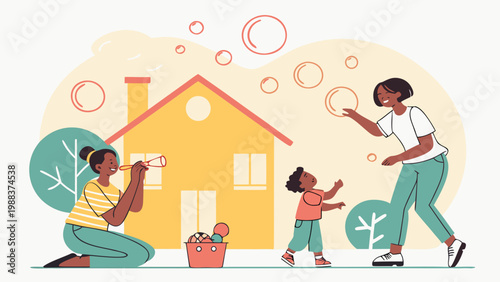Family playing with bubbles in front of house vector illustration, children