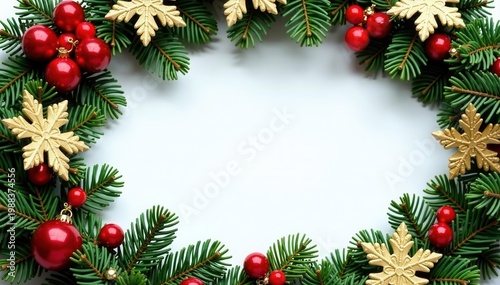 Elegant Christmas wreath, gold snowflakes, red berries, green pine , red, merry christmas, festive
