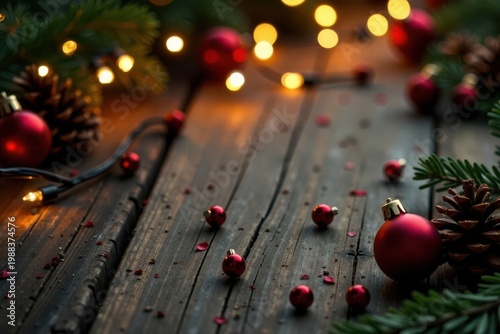 Glowing string lights highlight rustic wood with scattered pine cones and ornaments Charming Christmas backdrop , string lights, rustic, christmas textures
