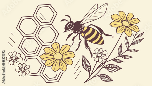 Honey bee flying near yellow flowers and hexagonal honeycomb structure