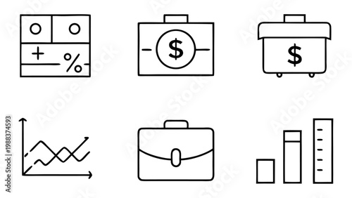 Eighteen white money icons with a wallet and graph on black background.