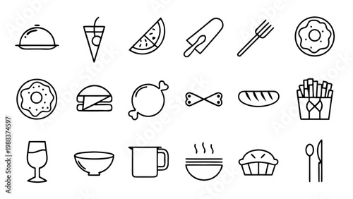 Eighteen white food icons with fish and coffee on a black background.