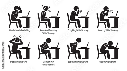 Stick figure office worker feeling unwell with headache, fever, back pain, and cough symptoms.