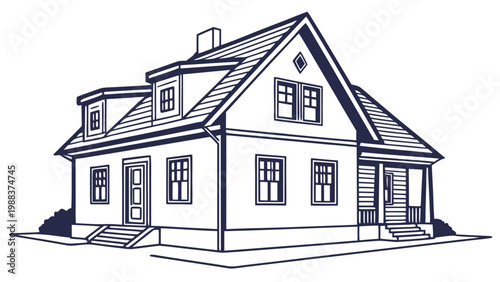 Canvas Print Architectural line art illustration of a detached house with building, property