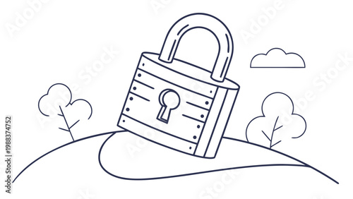 Padlock security symbol on rolling landscape outline with security, protection