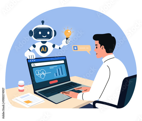 Doctor using artificial intelligence for medical data analysis, AI assistant helping with diagnosis and healthcare technology. Flat style cartoon vector illustration.