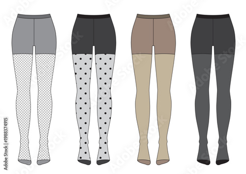 Set of womans tights, beige, black, polka dots and fishnet