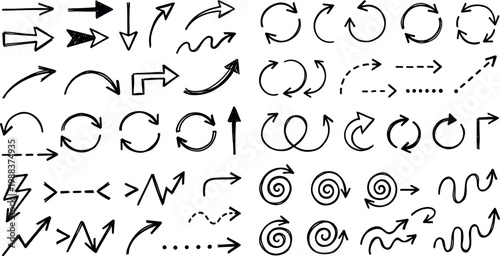 hand drawn arrow icons collection, doodle direction pointers with curved spiral dashed zigzag and loop arrows vector isolated on transparent background