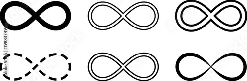 infinity symbol icons set, endless loop eternity and continuity signs in line and solid styles vector isolated on transparent background