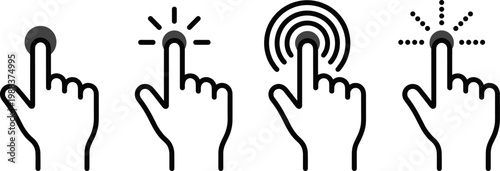 touch screen finger tap icons set, hand click press gesture interaction symbols for mobile interface controls vector isolated on transparent background