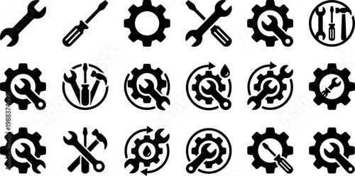 repair tools and maintenance icons set, wrench screwdriver gear and service symbols for mechanic engineering workshop vector isolated on transparent background