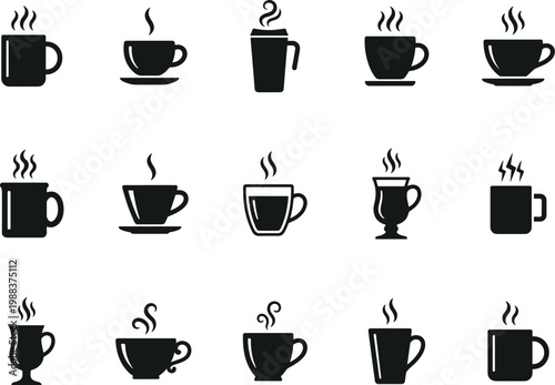coffee cup icons set, hot beverage mugs and cafe drink symbols including cappuccino espresso latte cups vector isolated on transparent background