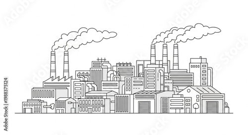 Industrial factory with smoke stacks emitting pollution.
