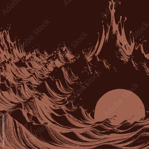 Large wave crashes near sunset on a serene oceanic landscape