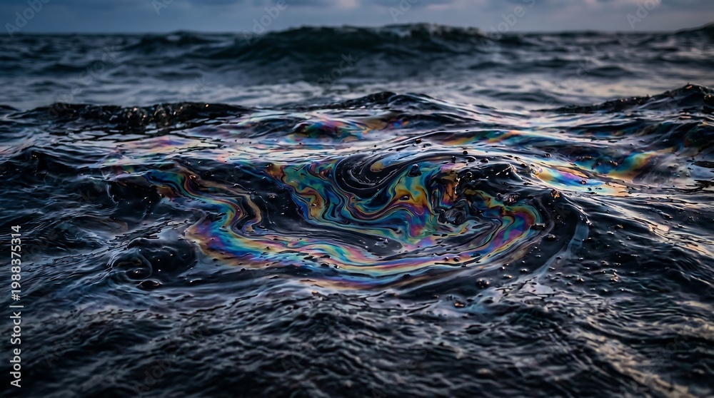 Obraz premium A dark ocean with a swirl of colorful oil slick floating on the surface of the water under a cloudy sky