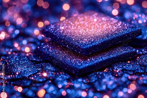 Two square, glittering, dark-purple/blue objects layered on a bed of similar glitter.  Bokeh lights in warm pink/orange