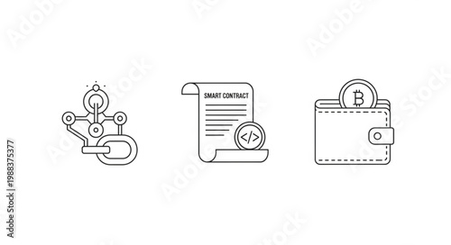 Blockchain technology smart contract and digital wallet icons.
