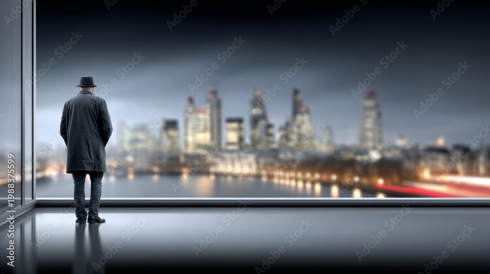 Fototapeta premium Man in black coat gazes at city skyline from a high-rise building