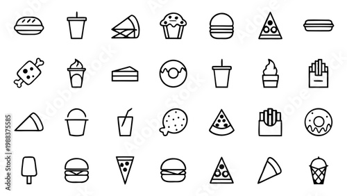 A comprehensive collection of twenty eight different fast food and snack icons in thin white line style organized on a black background.