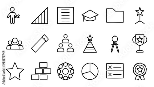 Twenty fine white line icons illustrating professional development and skill acquisition concepts organized into four rows on a black field.