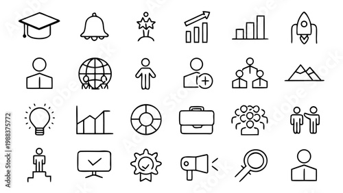 Collection of twenty white outline icons focused on achievement and growth symbols precisely aligned in a grid pattern against black background.