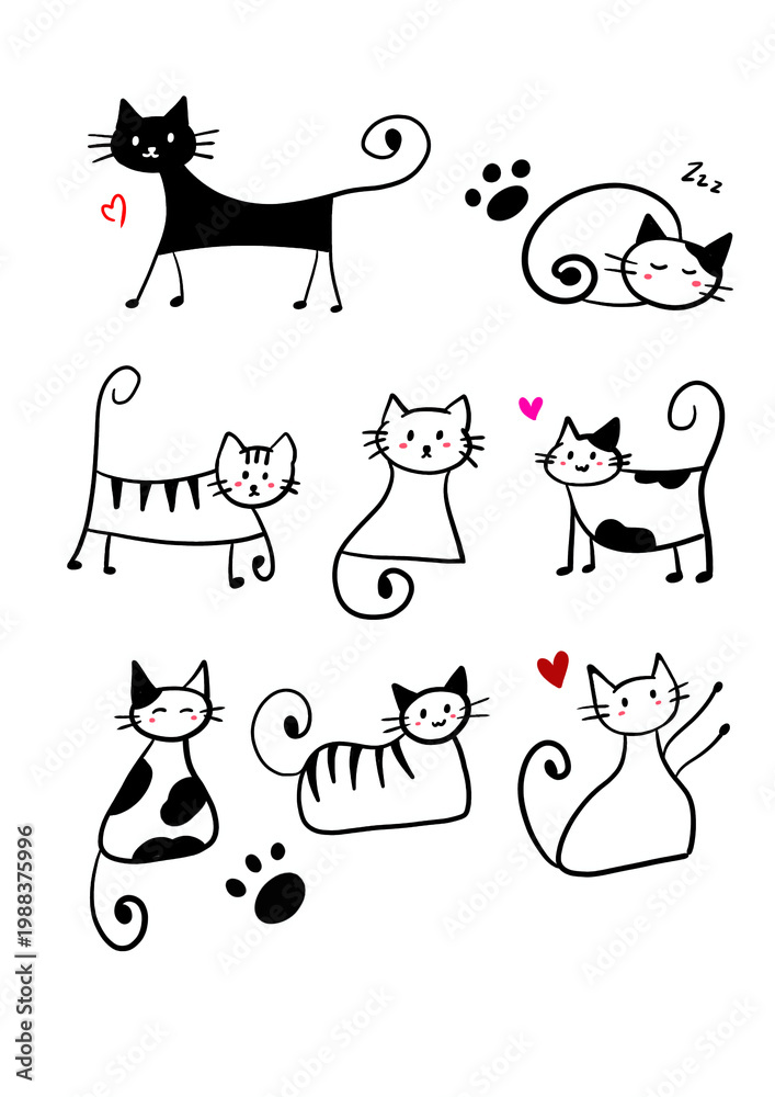 Naklejka premium Cute Cat Line Art Illustration with Adorable Activities and Heart Elements, Black and White Coloring Page, Ikon, Sticker