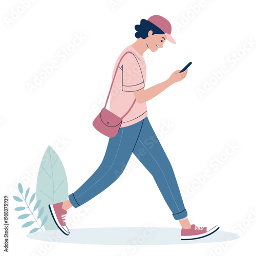 Young Man Walking and Checking Smartphone While Carrying Shopping Bags