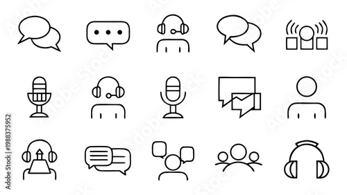 A series of white speech bubble outline icons representing communication and dialogue channels arranged on a solid black backdrop.