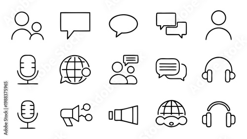 Different white linear icons for voice recording and group discussion with speech bubbles presented against a deep black background.