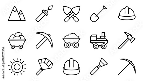 White outline industrial icons representing coal extraction tools and mining carts displayed on a solid matte black background.