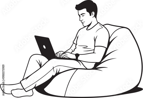 Man sitting on bean bag chair using laptop relaxed
