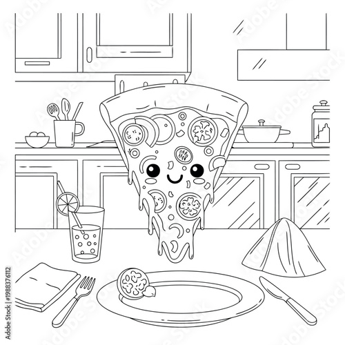Kawaii Pizza Slice in Kitchen Coloring Page for Kids, Fun Food Line Art Illustration for Children's Activity Books