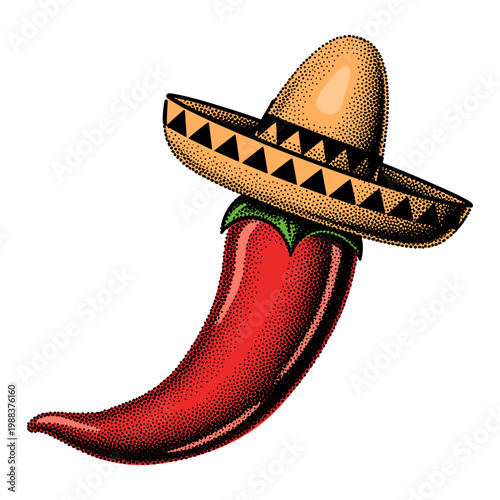 Red Chili Pepper Character Wearing Mexican Sombrero Hat in Vintage Stipple Style
