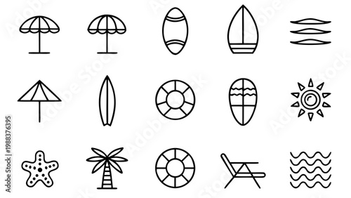 A collection of white linear nautical and beach icons is arranged in a grid over a dark black background.