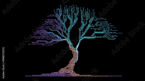 Technological roots: A glowing circuit tree illustration with intricate branching patterns, symbolizing the foundation of digital networks and the flow of information.
